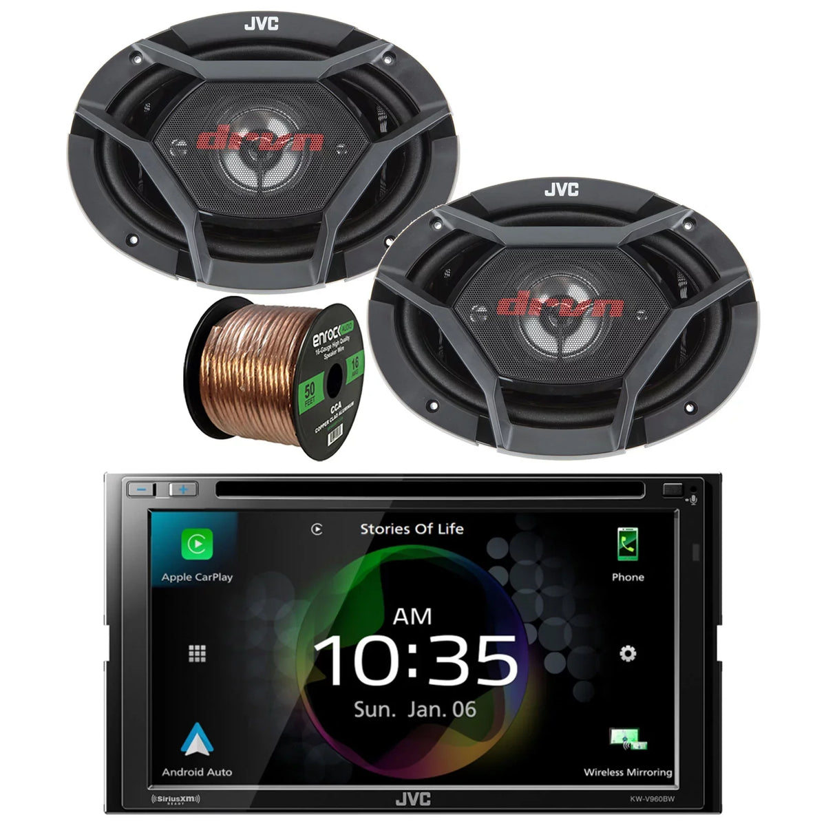 Player 550 Radio DIN Audio Dual Wire Peak Upgrade AM/FM JVC Factory Power KW-V960BW and Bundle Receiver 16G Bluetooth Speaker Car with Speakers USB 6x9" Coaxial CD/DVD 4-Way Car 2x Double Combo Watt