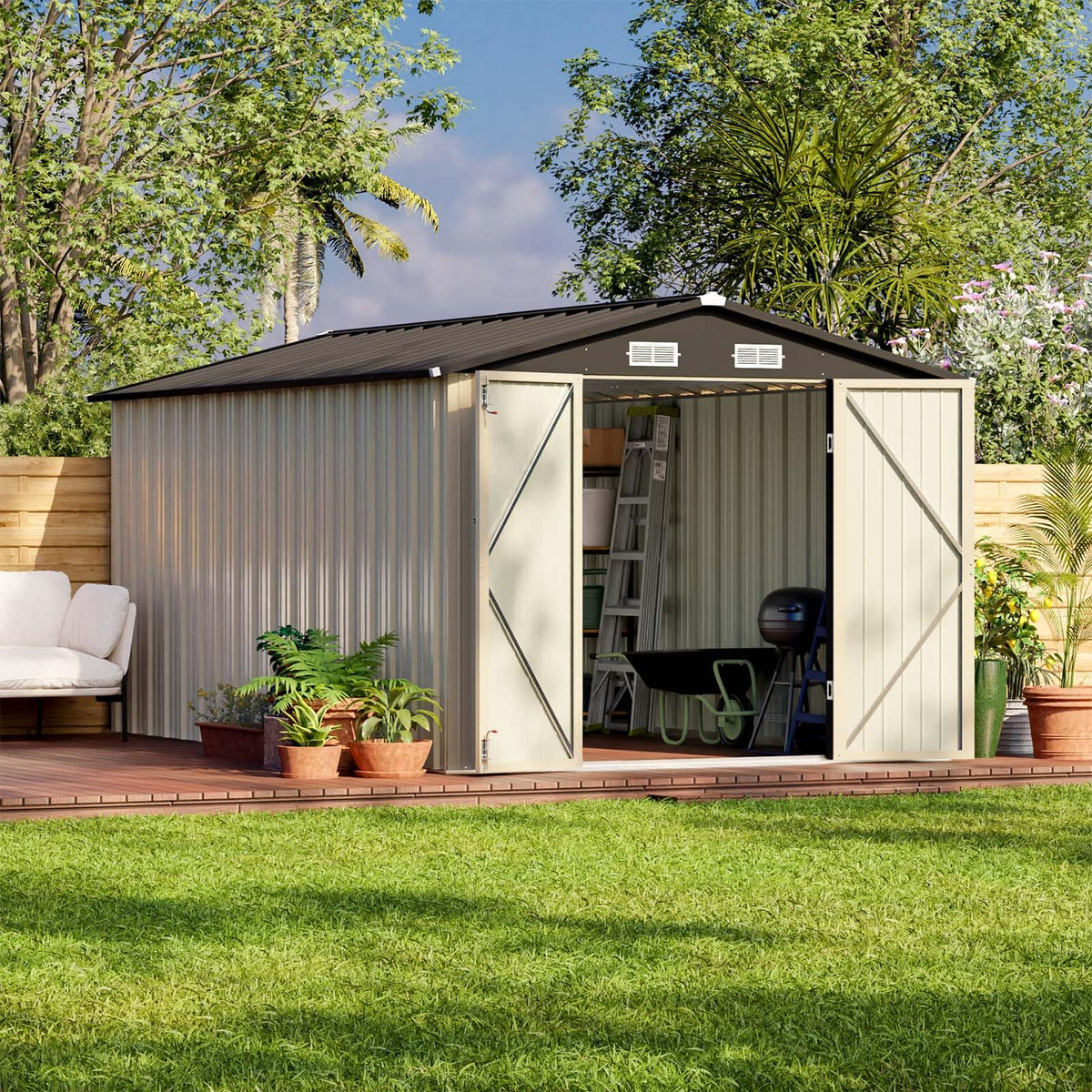 Patiowell 10 x 12 FT Metal Storage Shed for Outdoor, Steel Yard Shed with Design of Lockable Doors, Utility and Tool Storage for Garden, Backyard