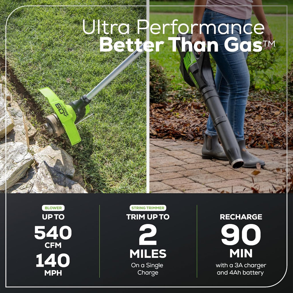Greenworks 60V 13" Cordless String Trimmer & Leaf Blower Combo Kit, 4.0 Ah Battery and Charger Included