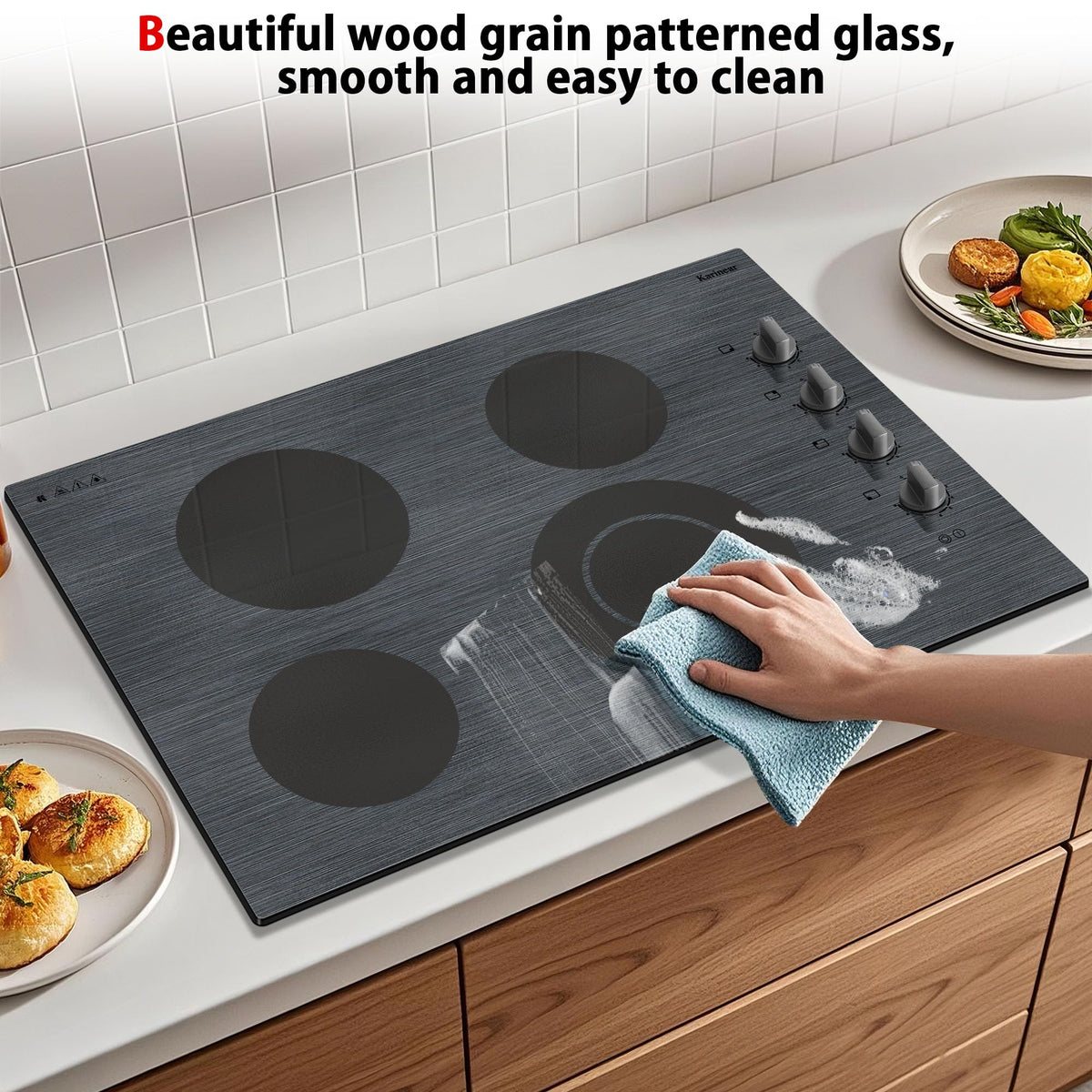 Karinear Electric Cooktop 24 Inch, 4 Burners Electric Stove Knob Control, Built-in Ceramic Cooktop with Beautiful Woodgrain Pattern Glass Surface