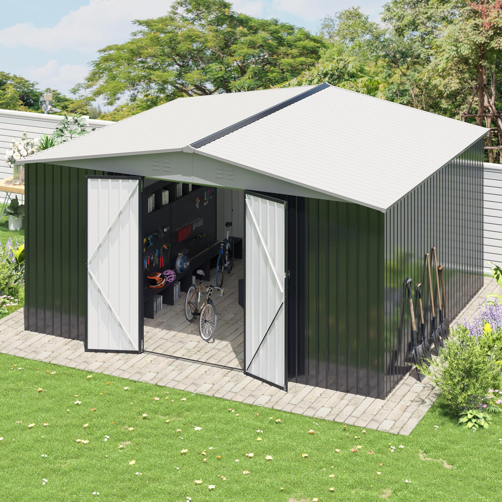 Polar Aurora 12x14 FT Outdoor Storage Shed, Garden Shed with Updated Frame Structure and Lockable Doors, Metal Tool Sheds for Backyard Garden Patio
