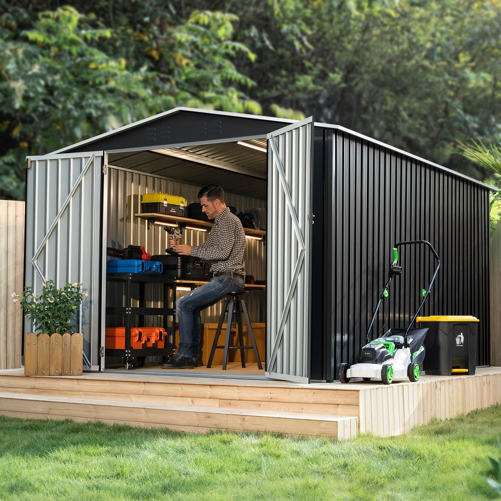 Polar Aurora 12x14 FT Outdoor Storage Shed, Garden Shed with Updated Frame Structure and Lockable Doors, Metal Tool Sheds for Backyard Garden Patio