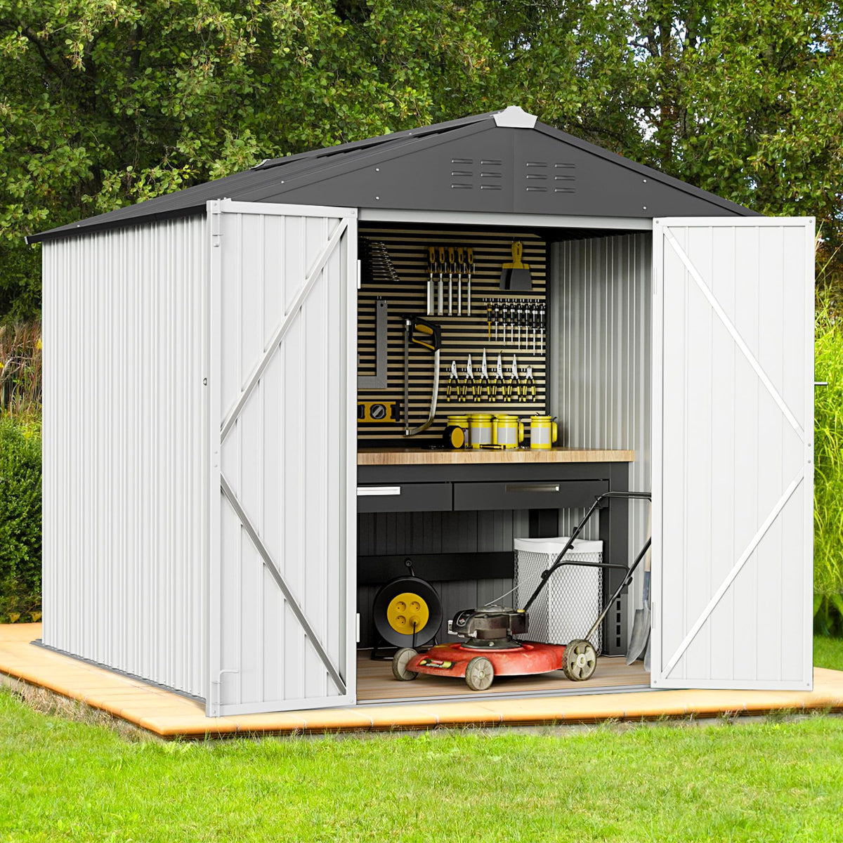 Greesum Outdoor Storage Shed 6 x 8 ft. Utility Tool Shed Metal Storage Garden Shed with Door & Lock for Patio Storage, Brown