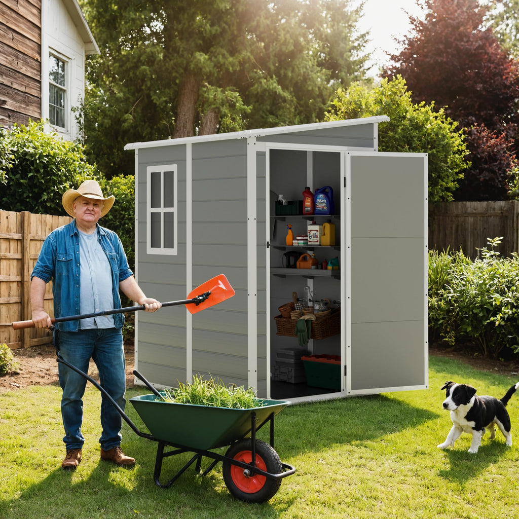 Greesum Outdoor Storage Shed 6X4FT All-Weather Resin Tool Room with Floor for Garden,Backyard,Pool Tool, Light Grey
