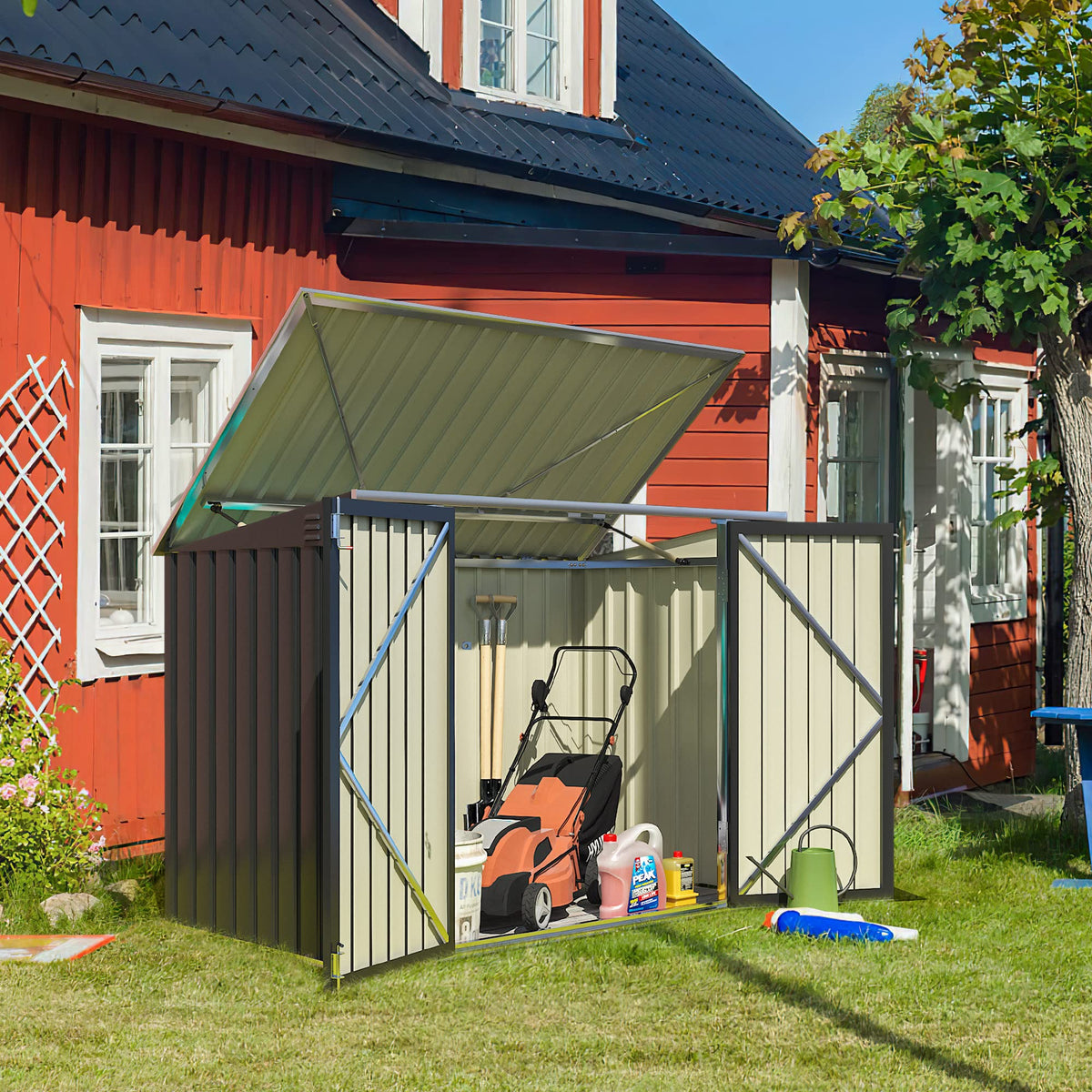 Greesum Outdoor Storage Shed 6 x 8 ft. Utility Tool Shed Metal Storage Garden Shed with Door & Lock for Patio Storage, Brown