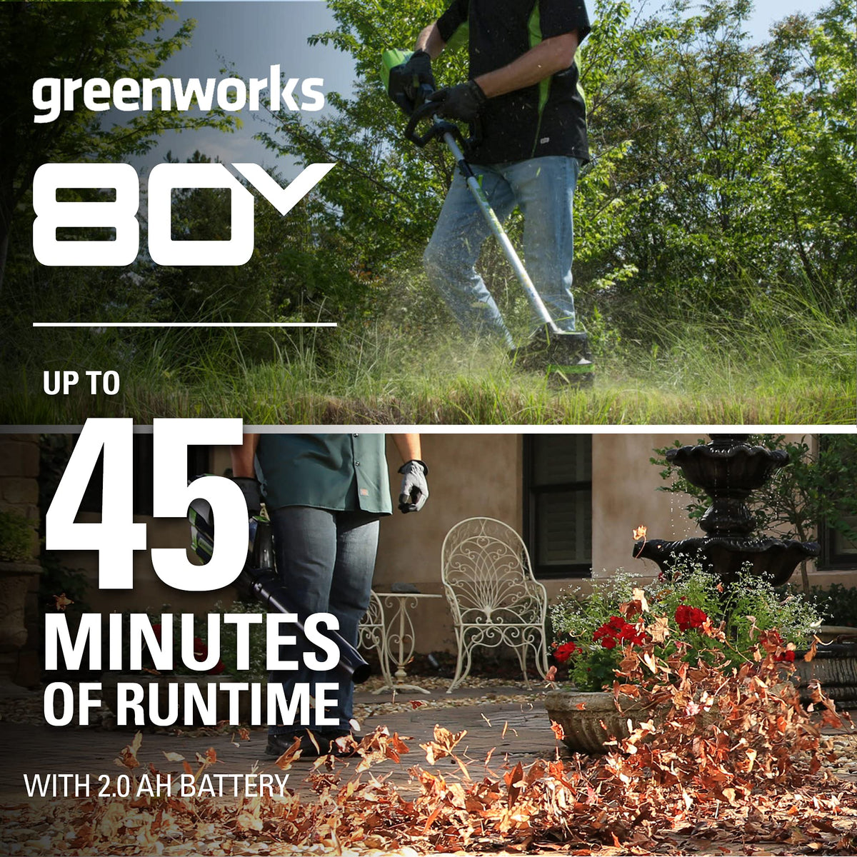 Greenworks 80V Brushless Cordless Yard Tool Combo Kit with 2.0Ah Battery & Rapid Charger C 16" Dual-Line String Trimmer and 500 CFM / 125 MPH Leaf