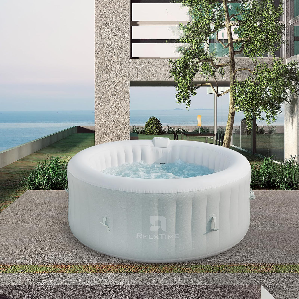 Inflatable Hot Tub Spa 2-4 Person 110 Air Jets, Portable Blow Up Hottub with Cover, Built in Heater Pump, Round Outdoor Spa, Cup Holder, 2 Filters