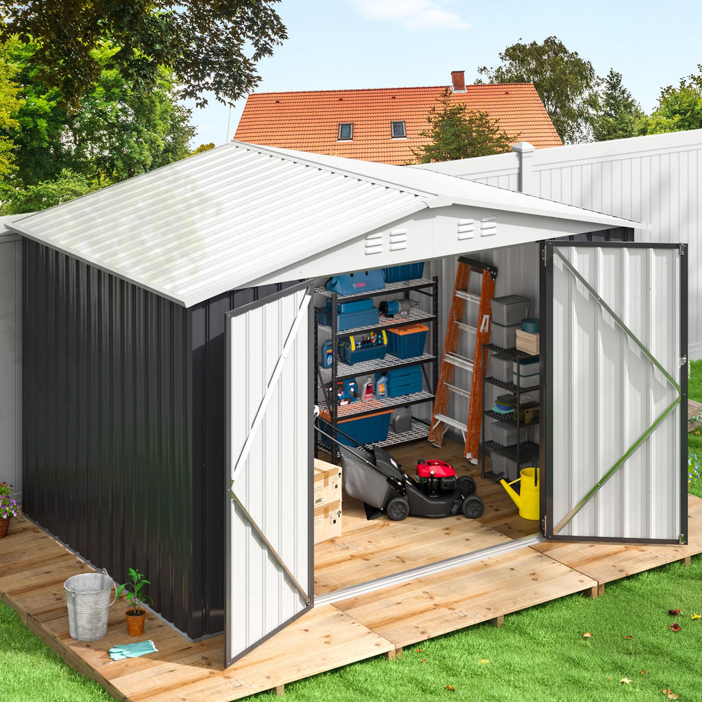 Polar Aurora 12x14 FT Outdoor Storage Shed, Garden Shed with Updated Frame Structure and Lockable Doors, Metal Tool Sheds for Backyard Garden Patio