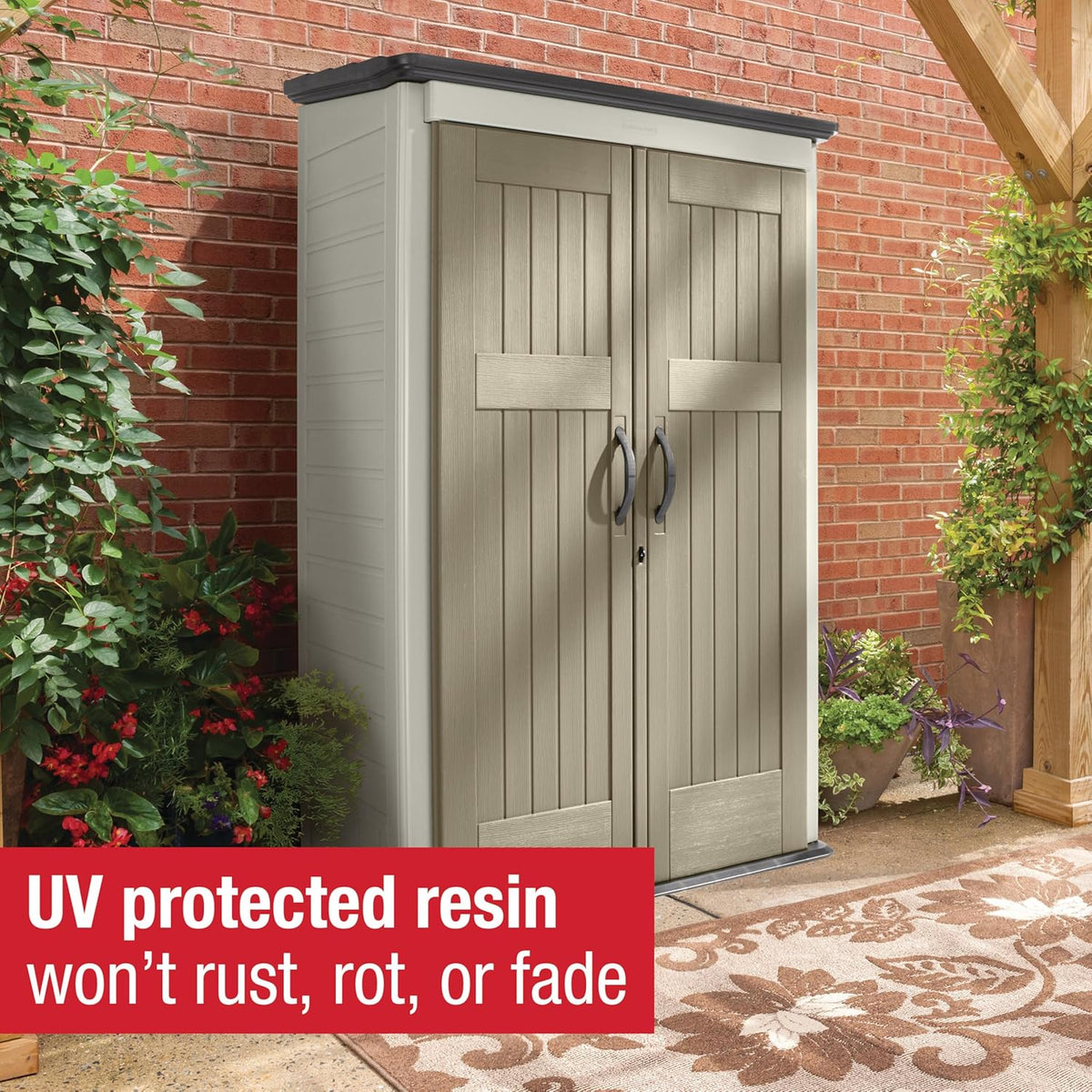 Rubbermaid Vertical Resin Outdoor Storage Shed With Floor (4 x 2.5 Ft) Weather Resistant Beige/Brown Organization for Home/Backyard/Pool Chemicals