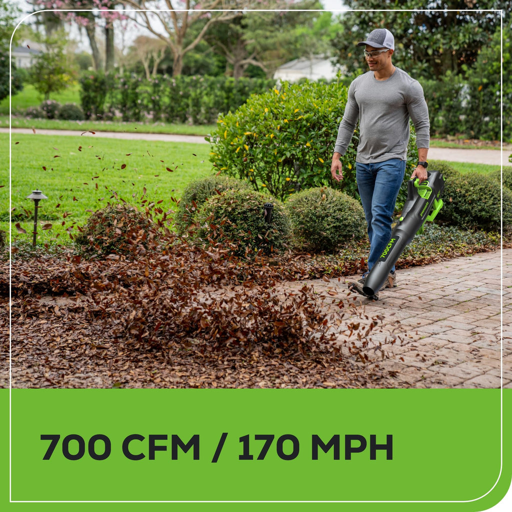 Greenworks 80V Brushless Cordless Yard Tool Combo Kit with 2.0Ah Battery & Rapid Charger C 16" Dual-Line String Trimmer and 500 CFM / 125 MPH Leaf