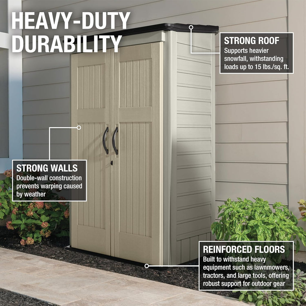 Rubbermaid Vertical Resin Outdoor Storage Shed With Floor (4 x 2.5 Ft) Weather Resistant Beige/Brown Organization for Home/Backyard/Pool Chemicals