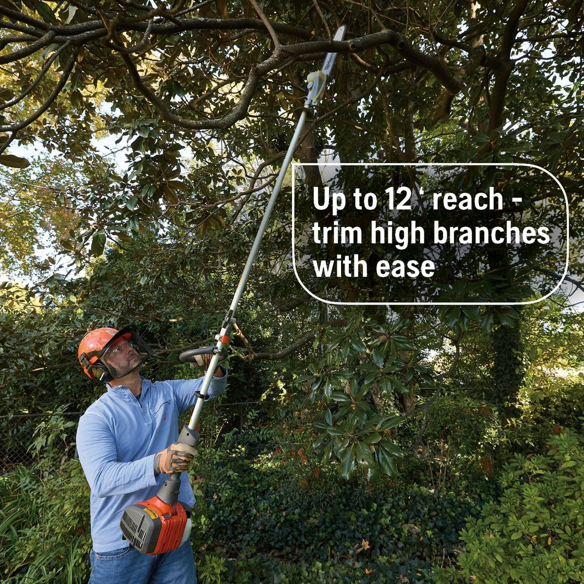 Husqvarna 122LKP Gas Pole Saw, Multi-Purpose Tool with Pole Saw Attachment, Equipped with X-CUT Chain, 12-foot Reach Cuts Limbs up to 8 Inches Thick