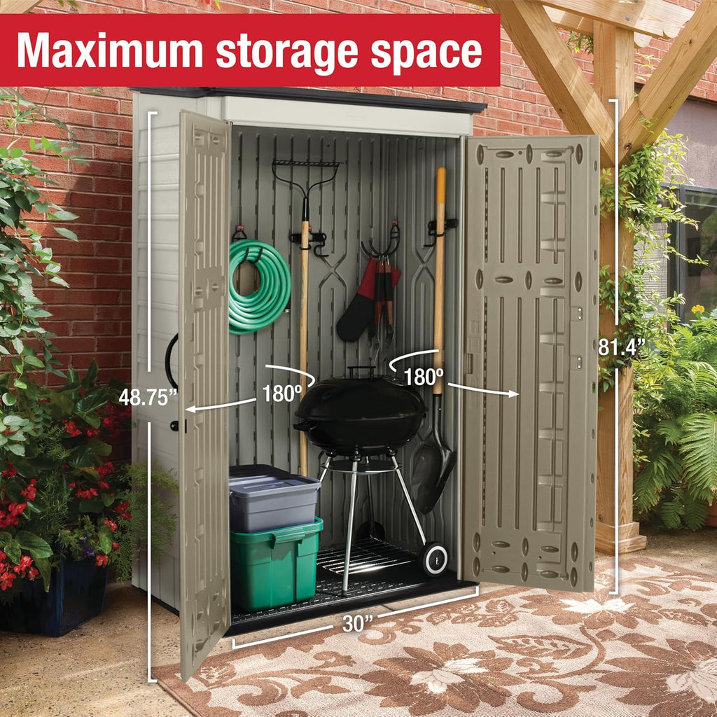 Rubbermaid Vertical Resin Outdoor Storage Shed With Floor (4 x 2.5 Ft) Weather Resistant Beige/Brown Organization for Home/Backyard/Pool Chemicals