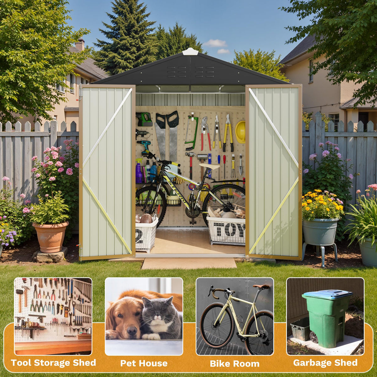 Greesum Outdoor Storage Shed 6 x 8 ft. Utility Tool Shed Metal Storage Garden Shed with Door & Lock for Patio Storage, Brown