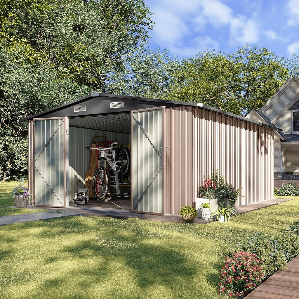 Aoxun 10 x 12FT Outdoor Storage Shed with Double Hinged Large Door Utility Garden Shed with Lockable Door & Sloped Roof Metal Sheds Outdoor Storage