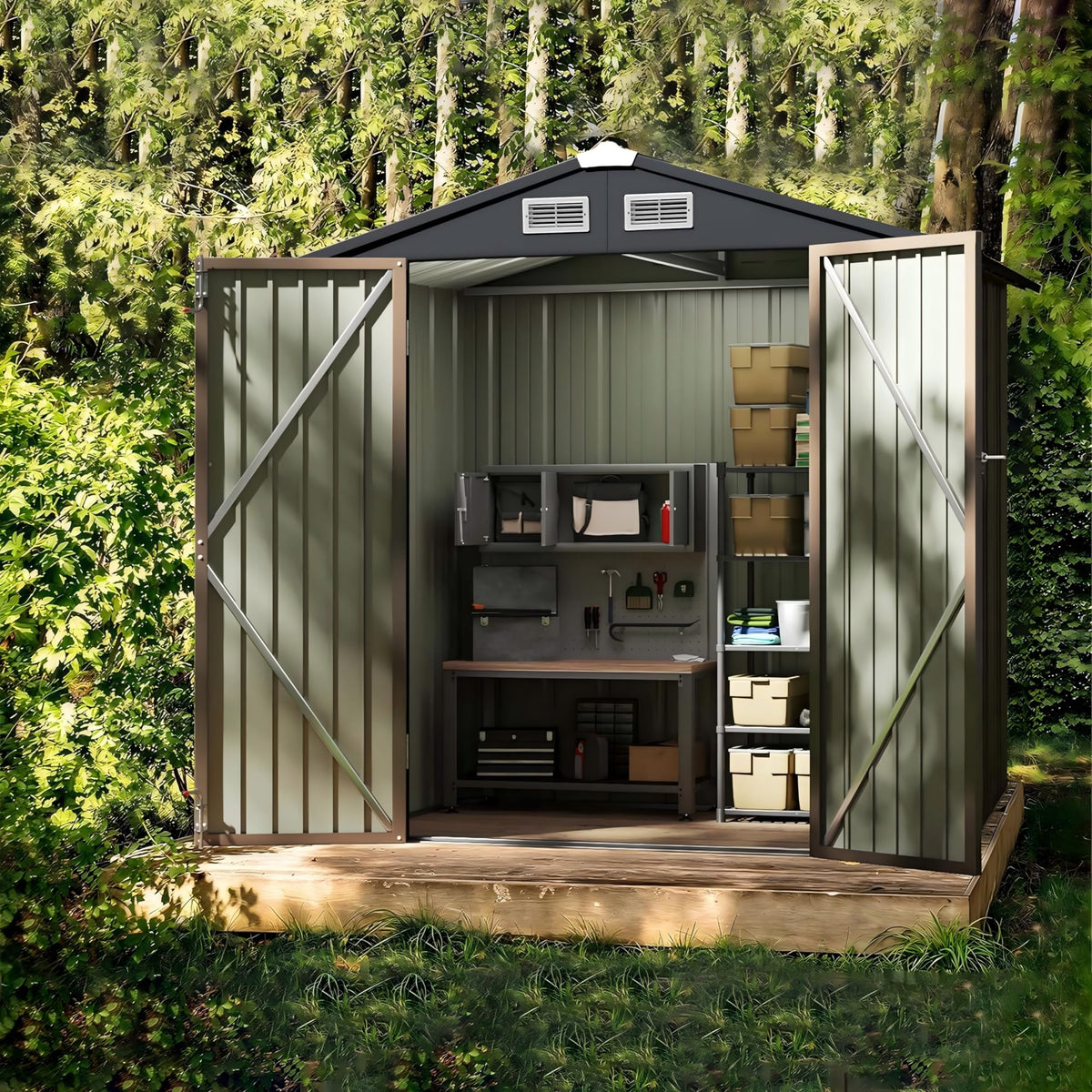 GVDV 10x14 FT Outdoor Metal Storage Shed, Durable Garden Shed with Updated Frame Structure for Backyard, Patio, Tool Storage, All-Weather Shelter for