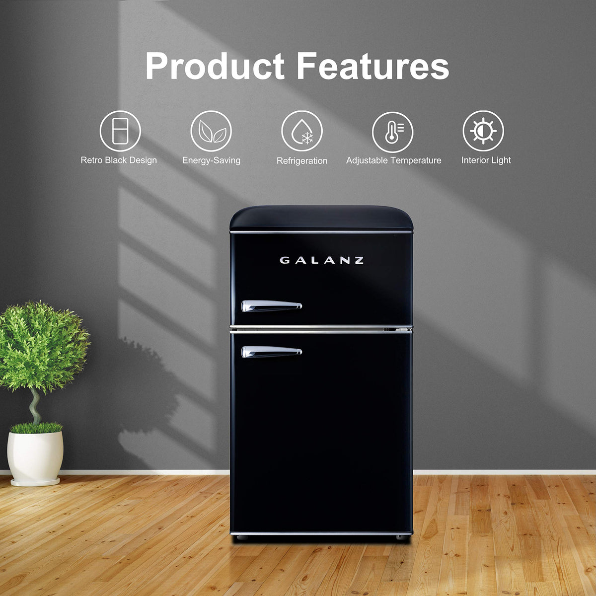 Galanz GLR25MBKR10 Retro Compact Refrigerator, Mini Fridge with Single Doors, Adjustable Mechanical Thermostat with Chiller, Black, 2.5 cu ft