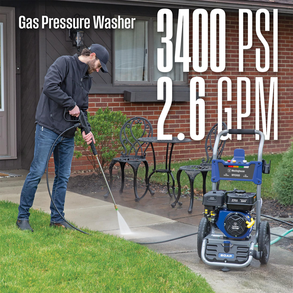Westinghouse WPX3400 Gas Pressure Washer, 3400 PSI and 2.6 Max GPM, Onboard Soap Tank, Spray Gun and Wand, 5 Nozzle Set, for Cars/Fences/Driveways