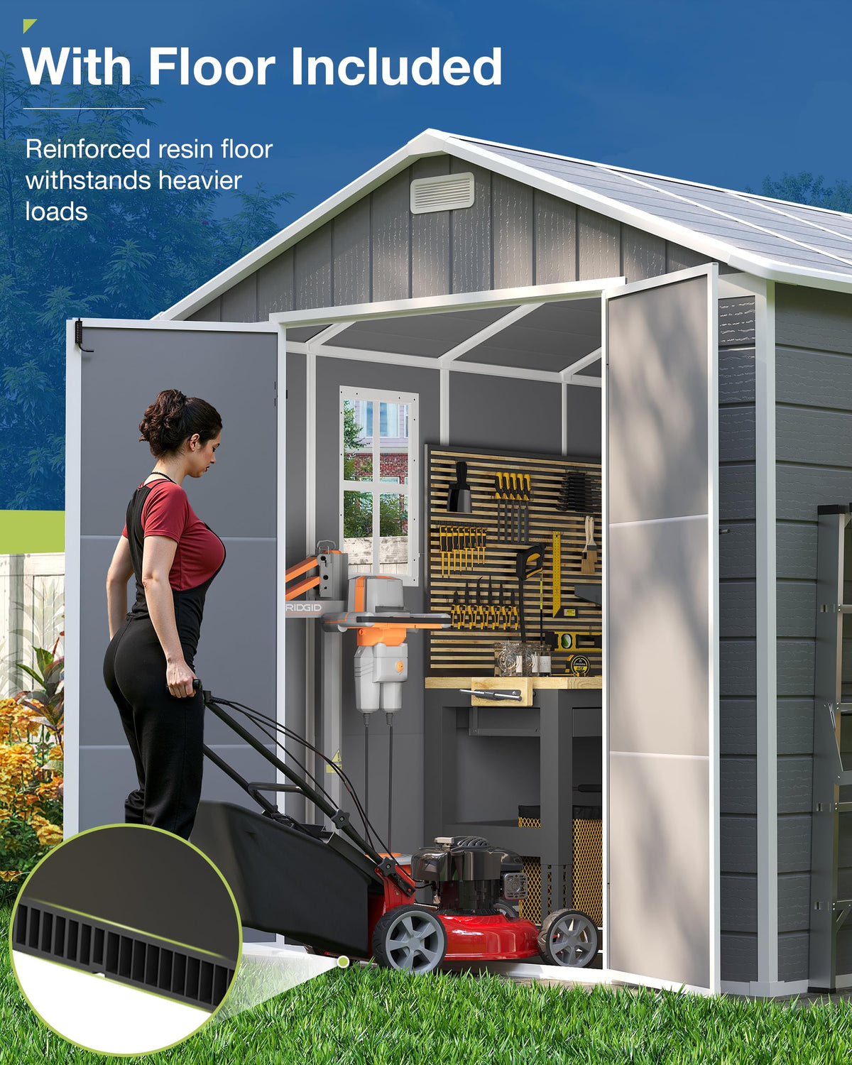 Amopatio 10x8 FT Storage Shed, Resin Shed with Floor Included, Plastic Sheds Outdoor Storage for Bike, Garden Tools, Sheds & Outdoor Storage with