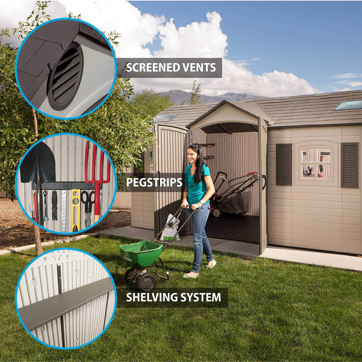 Lifetime 60079 Outdoor Storage Dual Entry Shed, 15 x 8 ft, Desert Sand