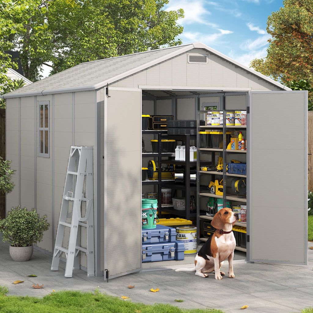 Amopatio 10x8 FT Storage Shed, Resin Shed with Floor Included, Plastic Sheds Outdoor Storage for Bike, Garden Tools, Sheds & Outdoor Storage with