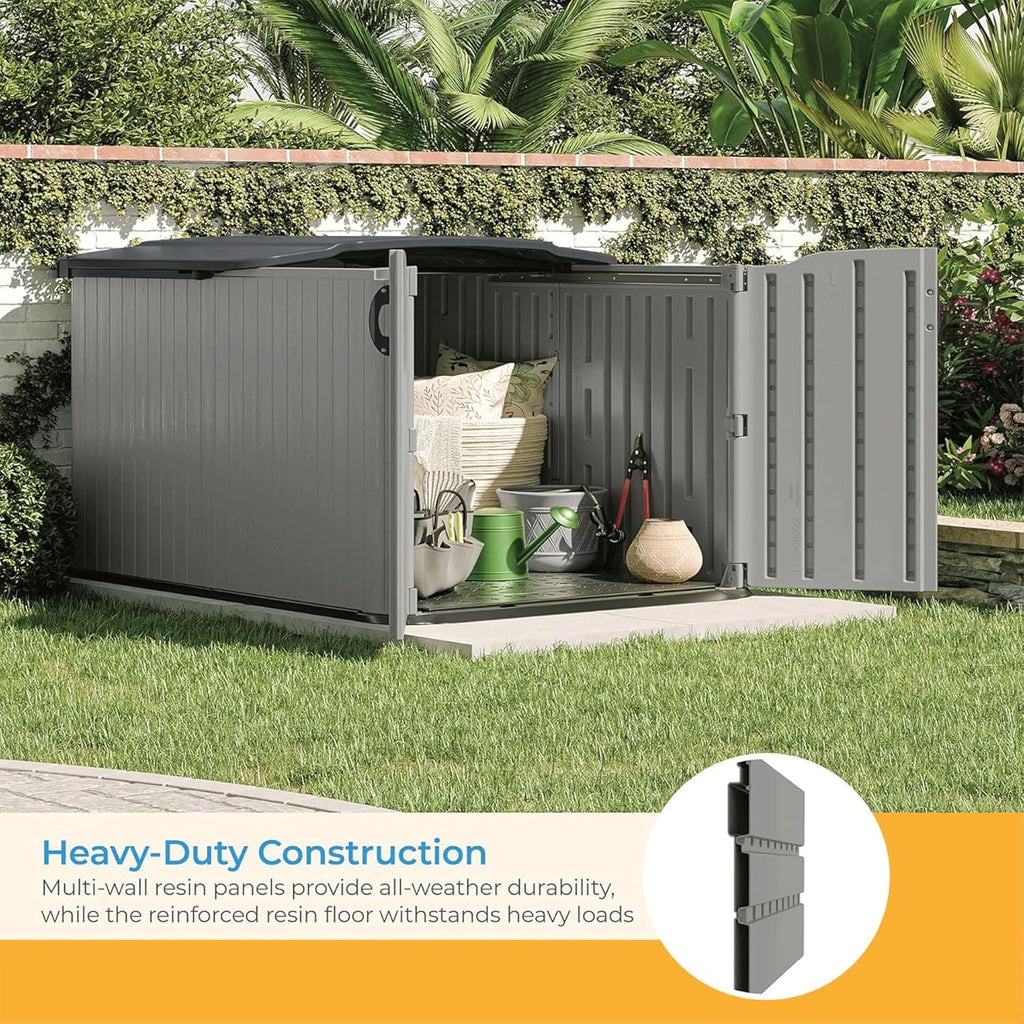 Suncast 138 Cu Ft Horizontal Outdoor Storage Shed, 57.5"x79.75"x52" Glidetop Outdoor Shed with Sliding Lid, Plastic Resin Storage Sheds with Floor