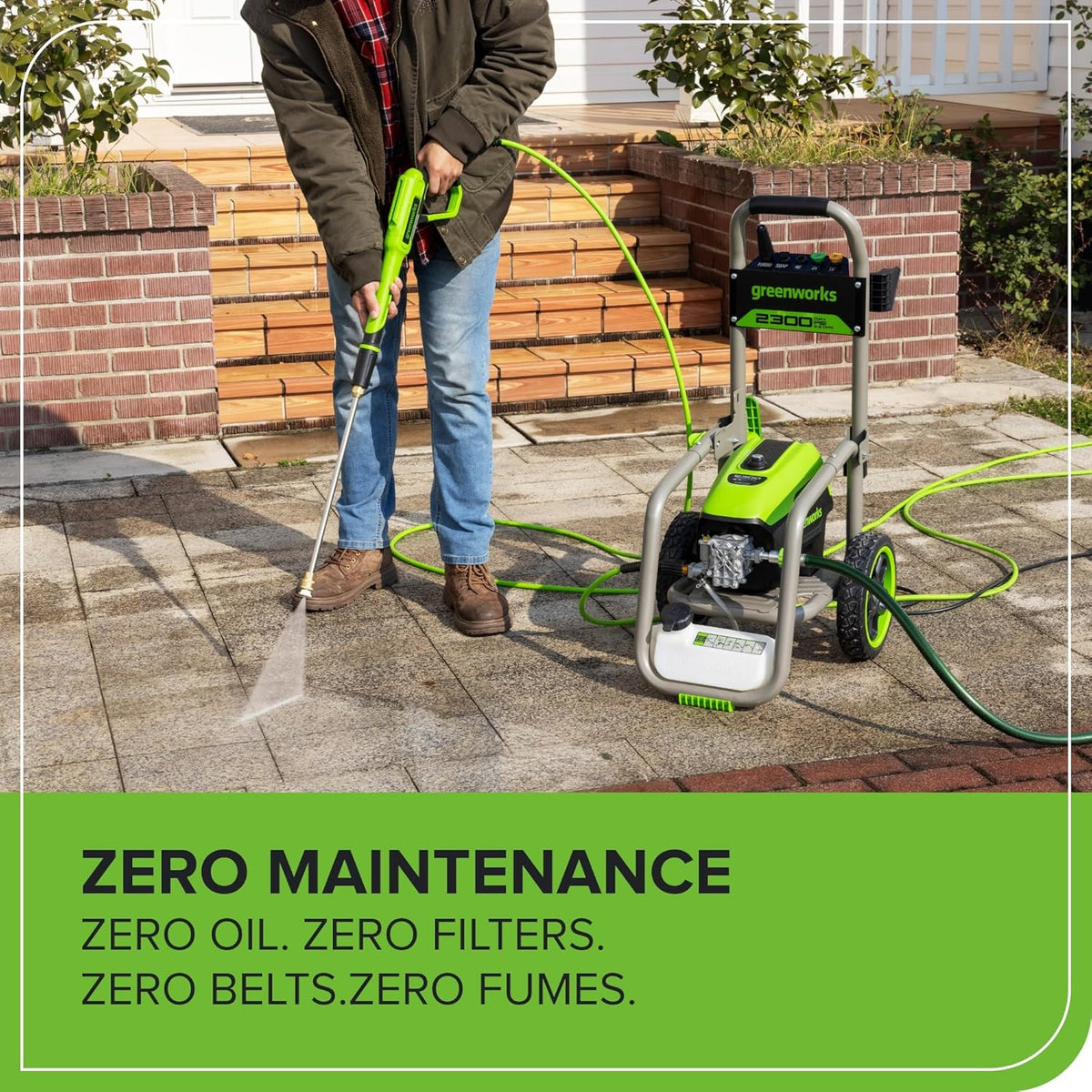 Greenworks Pro Brushless 2300 PSI (SGS Certified) 2.3 GPM Max / 1.2 GPM Electric Pressure Washer (Foldable Handles, Rugged Steel Frame, 25 FT Hose