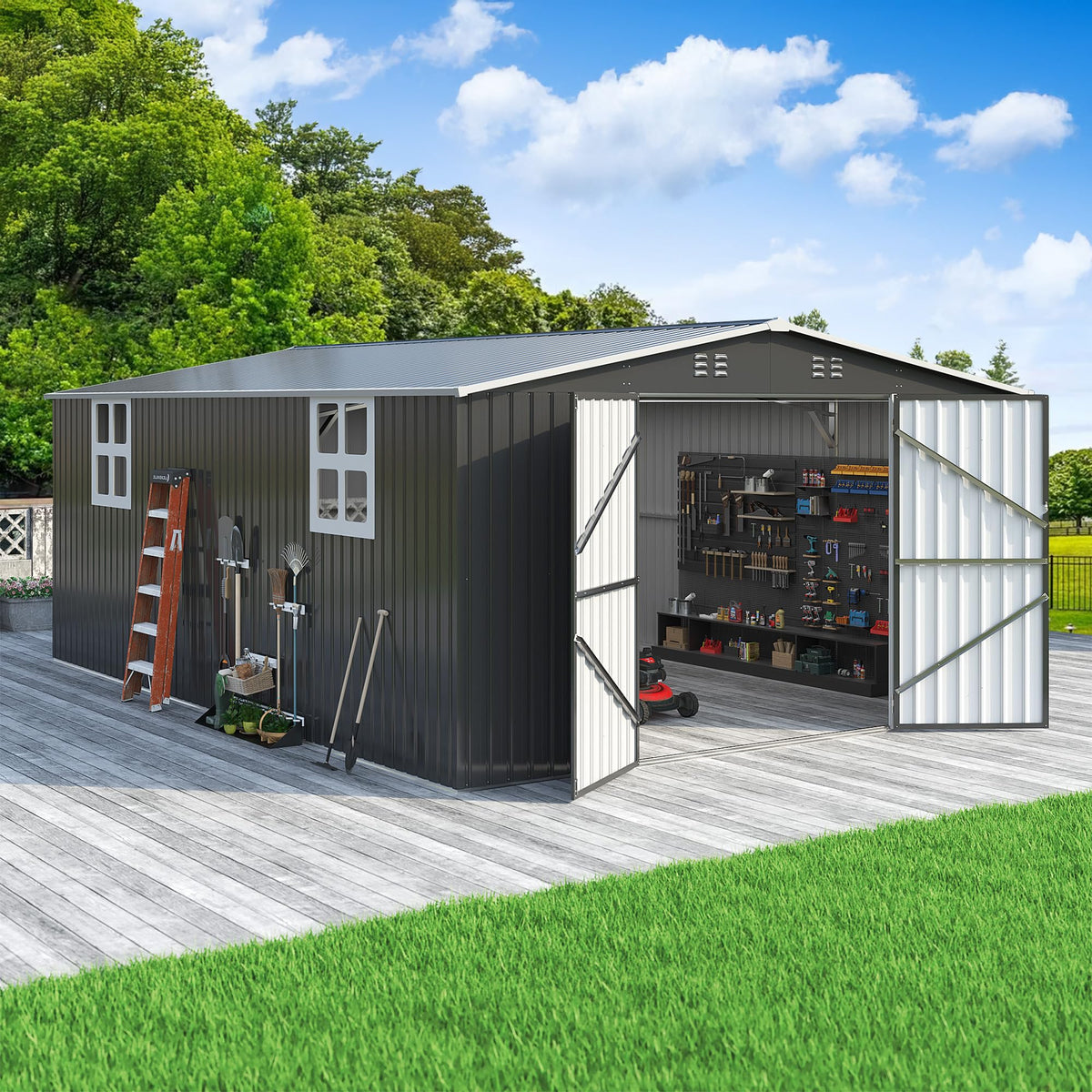 Polar Aurora 12x14 FT Outdoor Storage Shed, Garden Shed with Updated Frame Structure and Lockable Doors, Metal Tool Sheds for Backyard Garden Patio