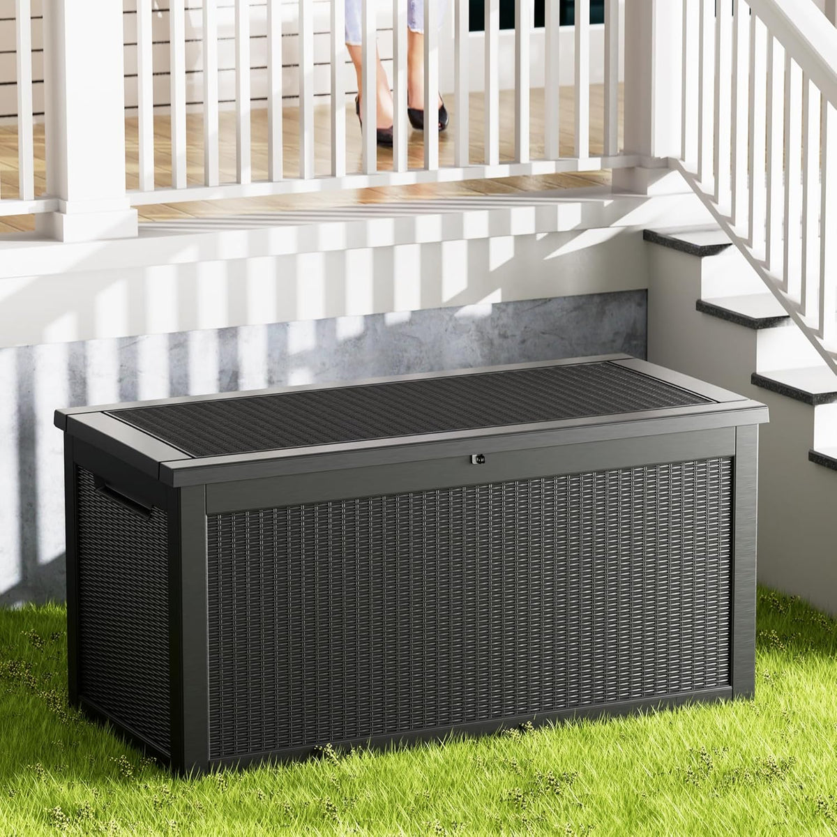 320 Gallon Resin Deck Box, Waterproof Outdoor Storage Bin for Patio Furniture, Pool Accessories, and Garden Tools, Lockable & UV-Resistant, Black