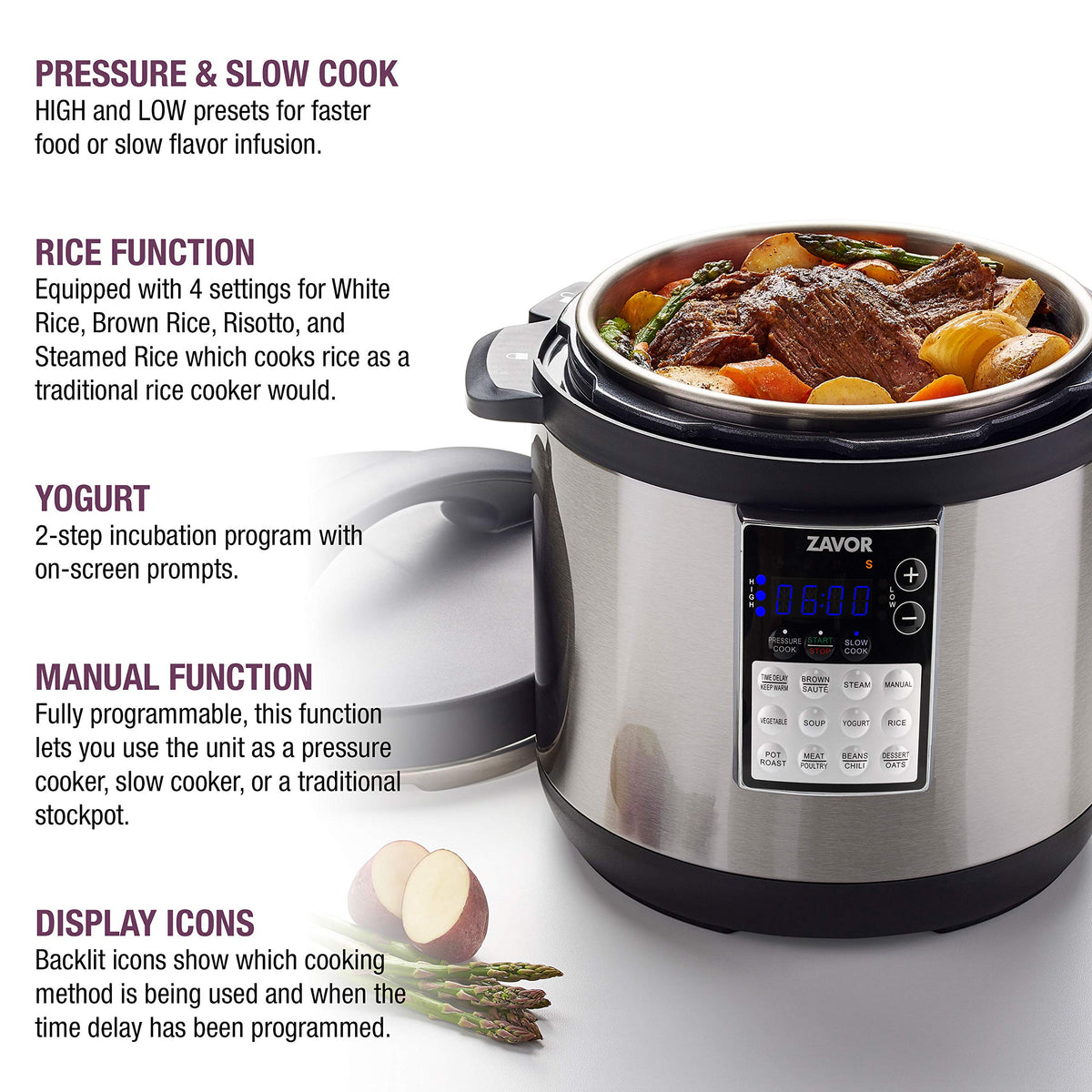 Zavor LUX LCD 6 Quart Multi-cooker with America's Test Kitchen Multicooker Perfection Cookbook, Stainless Steel