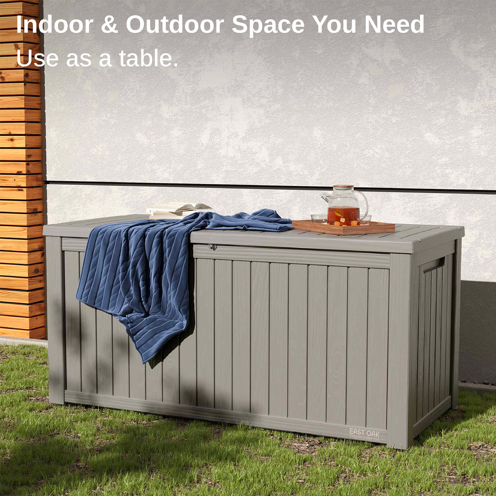 EAST OAK Outdoor Storage Box, 120 Gallon Deck Box with Stainless Steel Rods Large Resin Storage Bin for Patio Cushions, Garden Tools, Waterproof and