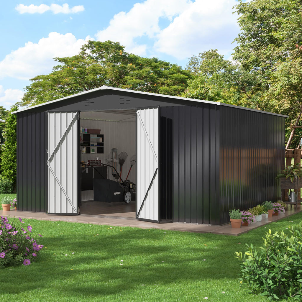 Polar Aurora 12x14 FT Outdoor Storage Shed, Garden Shed with Updated Frame Structure and Lockable Doors, Metal Tool Sheds for Backyard Garden Patio