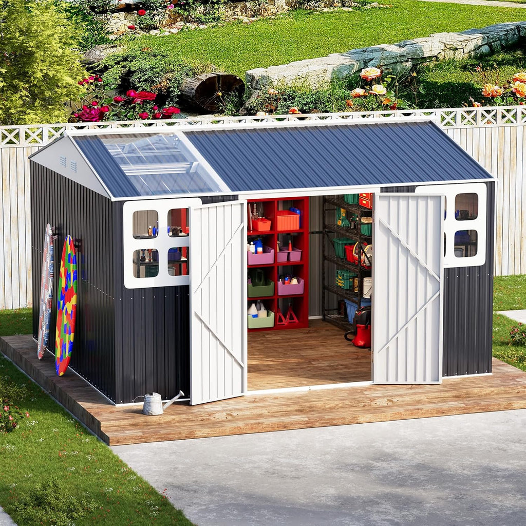 10x12 FT Metal Outdoor Storaged Shed with Floor Base Waterproof Heavy Duty Reinforced Frame with Unique Clear Roof Skyview Windows Air Vent for
