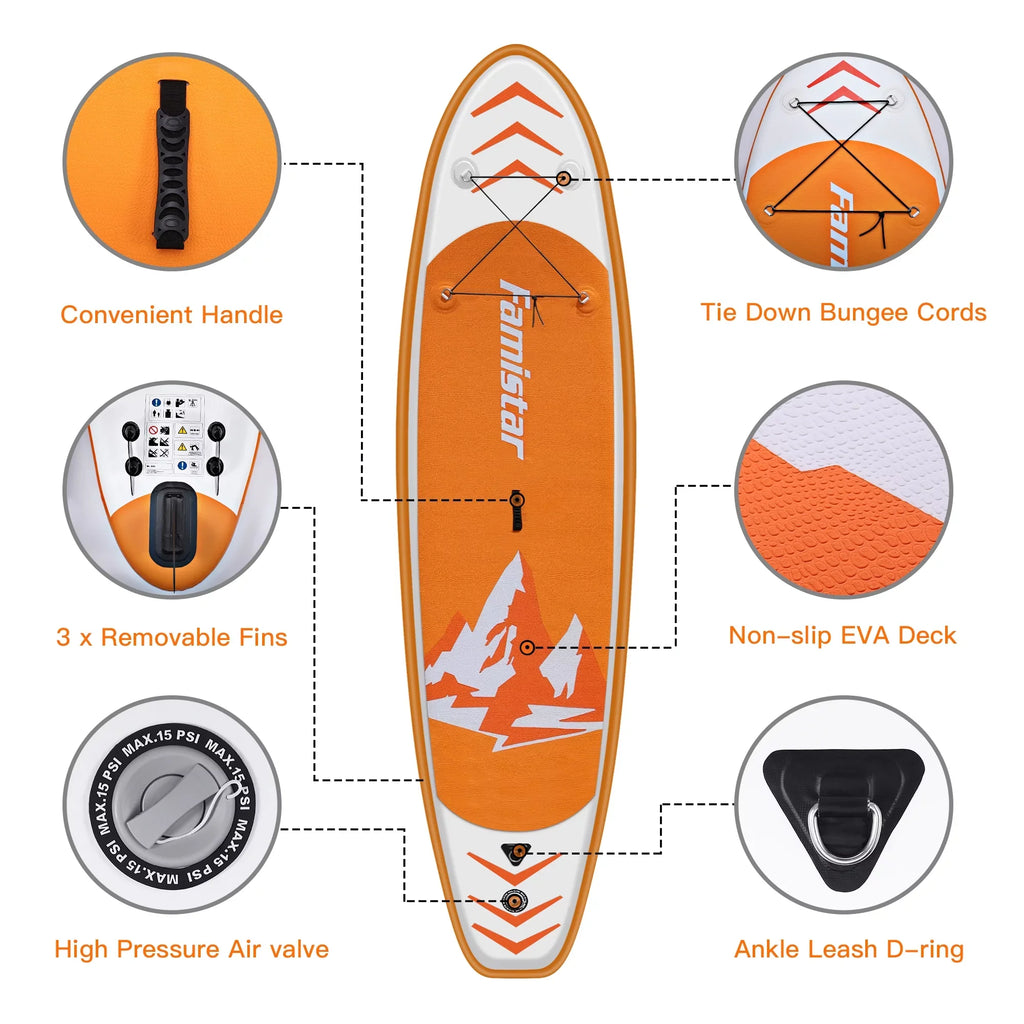 Stance, 10' | Paddle Boat-Orange with 3 Control, (6"Thick) |Youth Inflatable Deck Fin Paddling, Famistar Adult Wide Stand Standing Board Pins Up Non-Slip SUP/ for & Bottom Surf