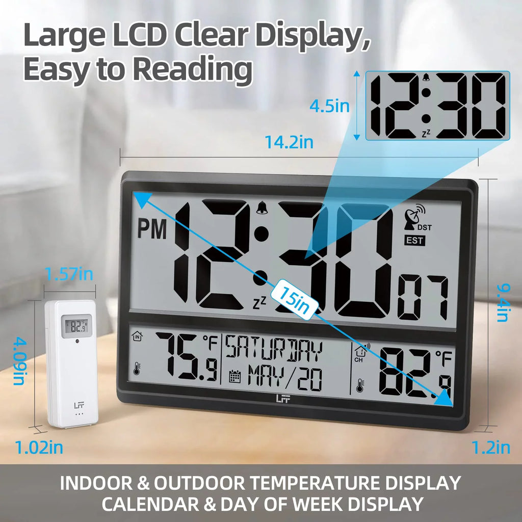 / Numbers Wall Clock Outdoor with Wall Setting, Indoor / Operated, Large Atomic Battery Easy-to-Read, Clock Outdoor Atomic Digital Temperature, LFF 15" Wireless Sensor with Never Needs Clock 4.5"