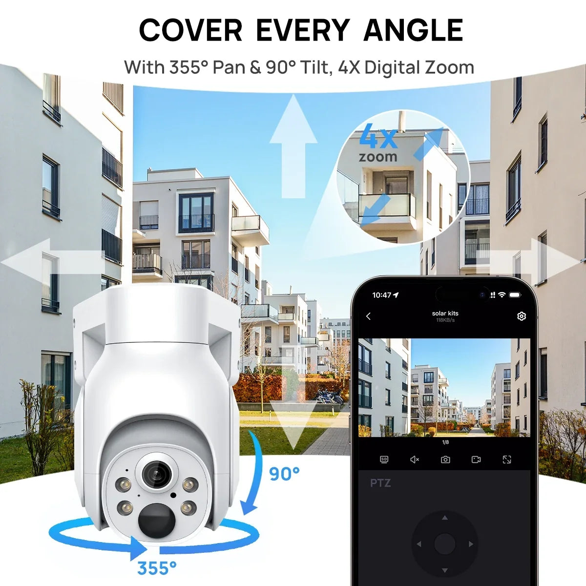 Solar Hybrid 4MP IP PTZ VIKVIZ 2K with Panel WiFi Light Wireless Battery Smart Outdoor Camera
