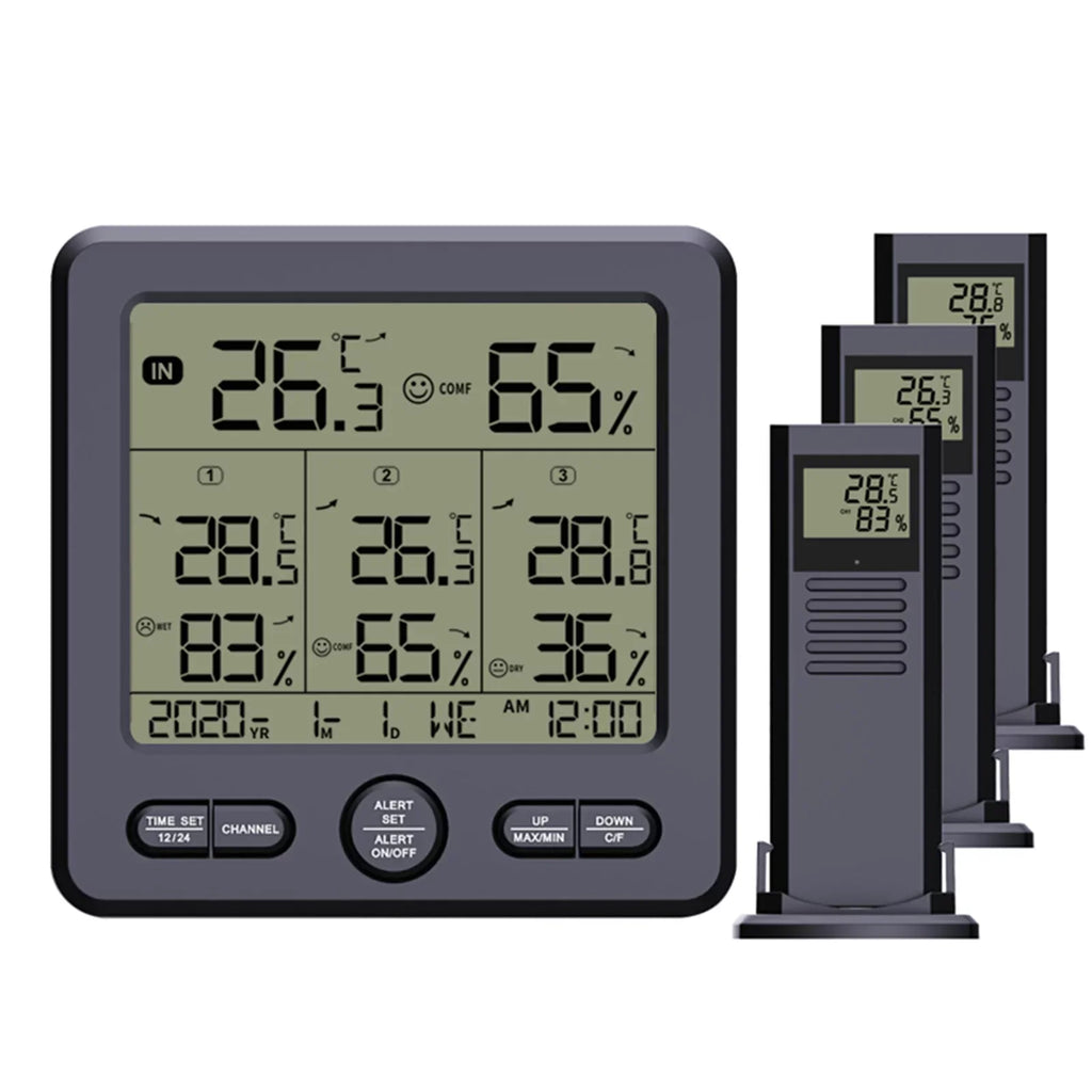 with Indoor Weather & Humidity 98ft/ for Alarm Digital with 3 Home Transmitters Office Stations Backlight Function Sensors Wireless Remote Thermohygrometer 3 Calibration 30m