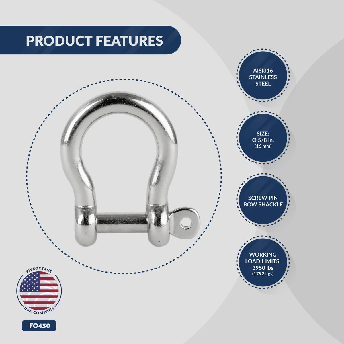 Steel Boat, Sailboat Anchor FO430 Oceans for Stainless Five 5/8 Shackles, Pin Screw Bow Shackle