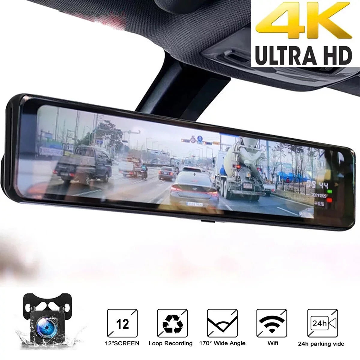 View Starlight Dash Car Front Camera Wide Night Parking 170° Backup Touch Backup 12" Rear Mirror HD Camera Angle, Liquidproof Vision, Large Camera Full Cam and Screen Monitor 4K