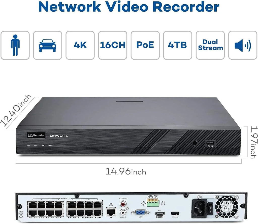 ONWOTE PoE Business 4K NVR Vehicle 16pcs 6MP 16 System, Cameras, 4TB PoE 8MP Security for 16CH pre-installed with Detection, 4K Recording, Camera IP & Outdoor Channel Surveillance Human 24-7 HDD AI