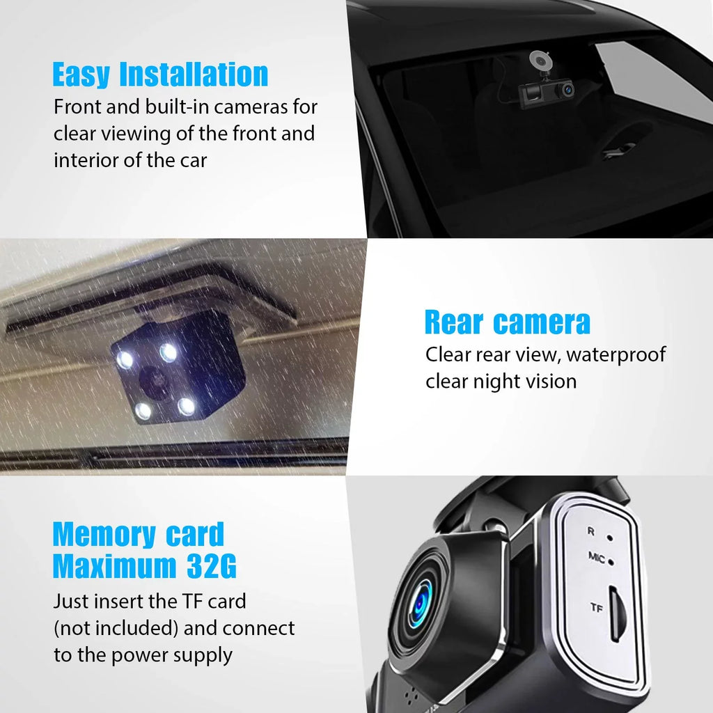 Night Cam Triple IR Camera Inside Dash Rear W/32GB 1080P Front Dual Cam, Dash DVR 3 Camera, Inside Driving TF Recorder, 3 Dashboard Channel Backup G-Sensor Card, Way Car Vision,