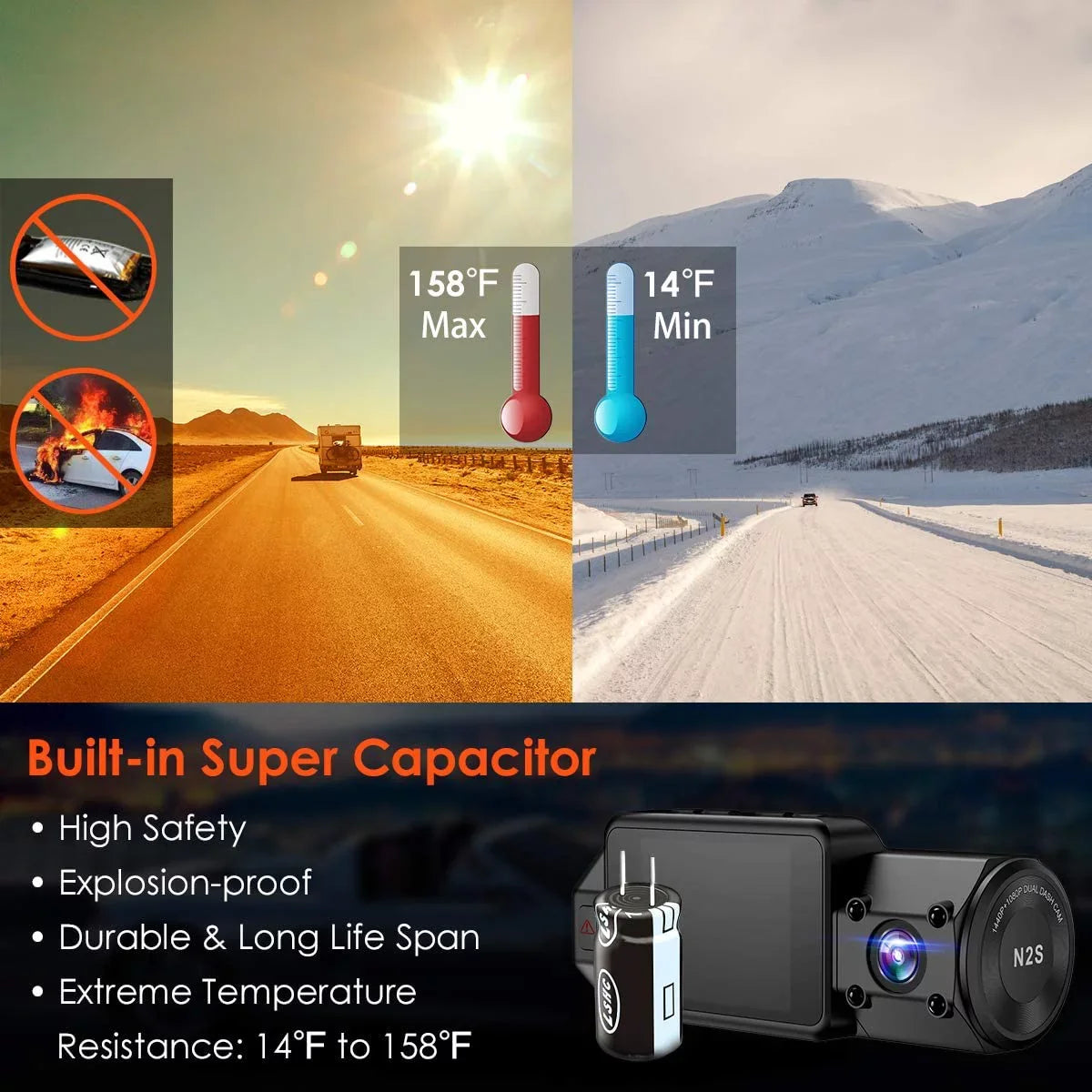 Inside w/ N2S Camera and | | Dash Dash Vantrue Cam Front 4K GPS NV Infrared