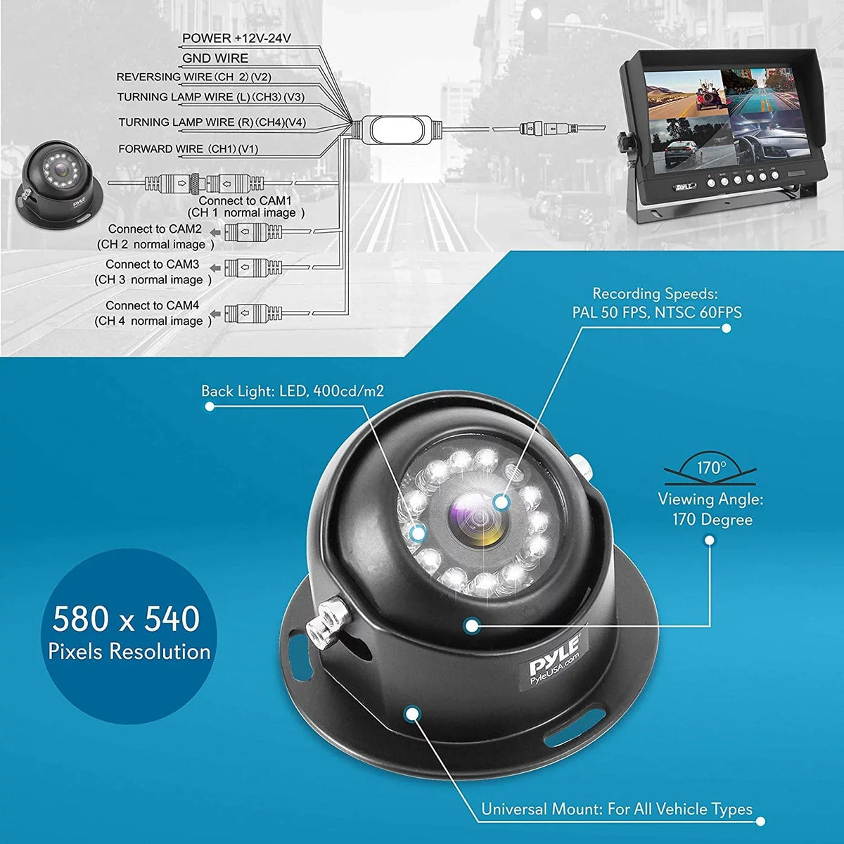 Monitor, PLCMTRDVR47 Car Mount Rearview Camera Night - System Rear w/ Dual Truck Up Vision, View Kit Tilt-Adjustable, Recorder, 9 Parking Vehicle Universal Video DVR Reverse Pyle - Backup Back LCD