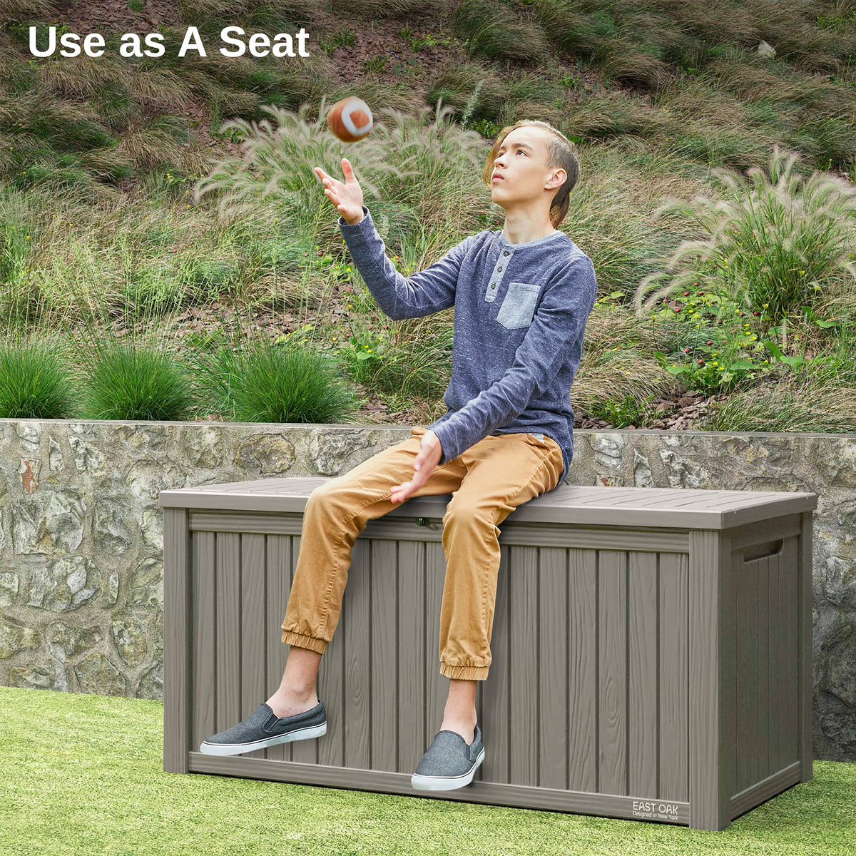 EAST OAK Outdoor Storage Box, 120 Gallon Deck Box with Stainless Steel Rods Large Resin Storage Bin for Patio Cushions, Garden Tools, Waterproof and