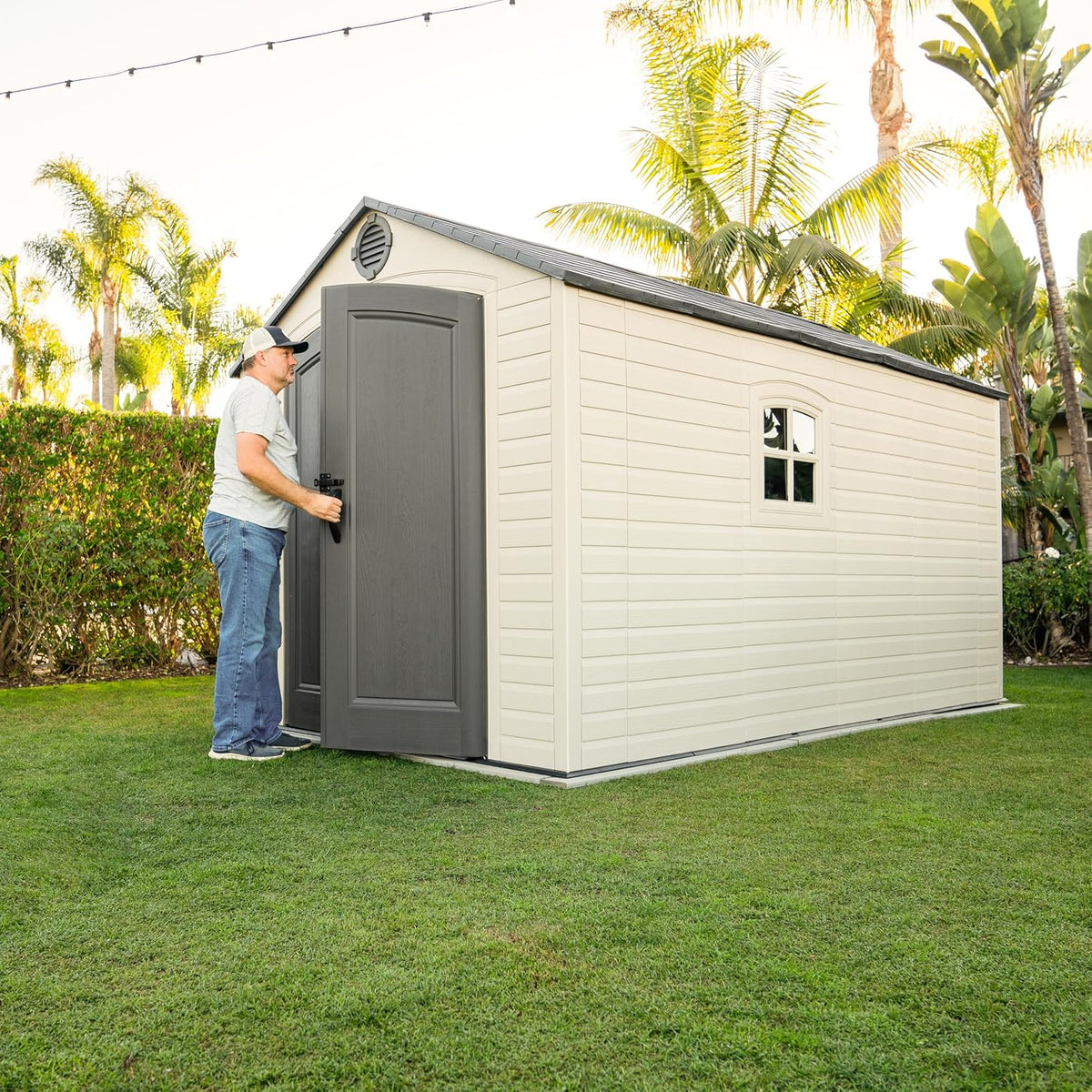 Lifetime Outdoor Storage Shed, 8x15 Ft, Desert Sand, Resin Backyard Tool Shed with Lockable Doors and Weather-Resistant Panels