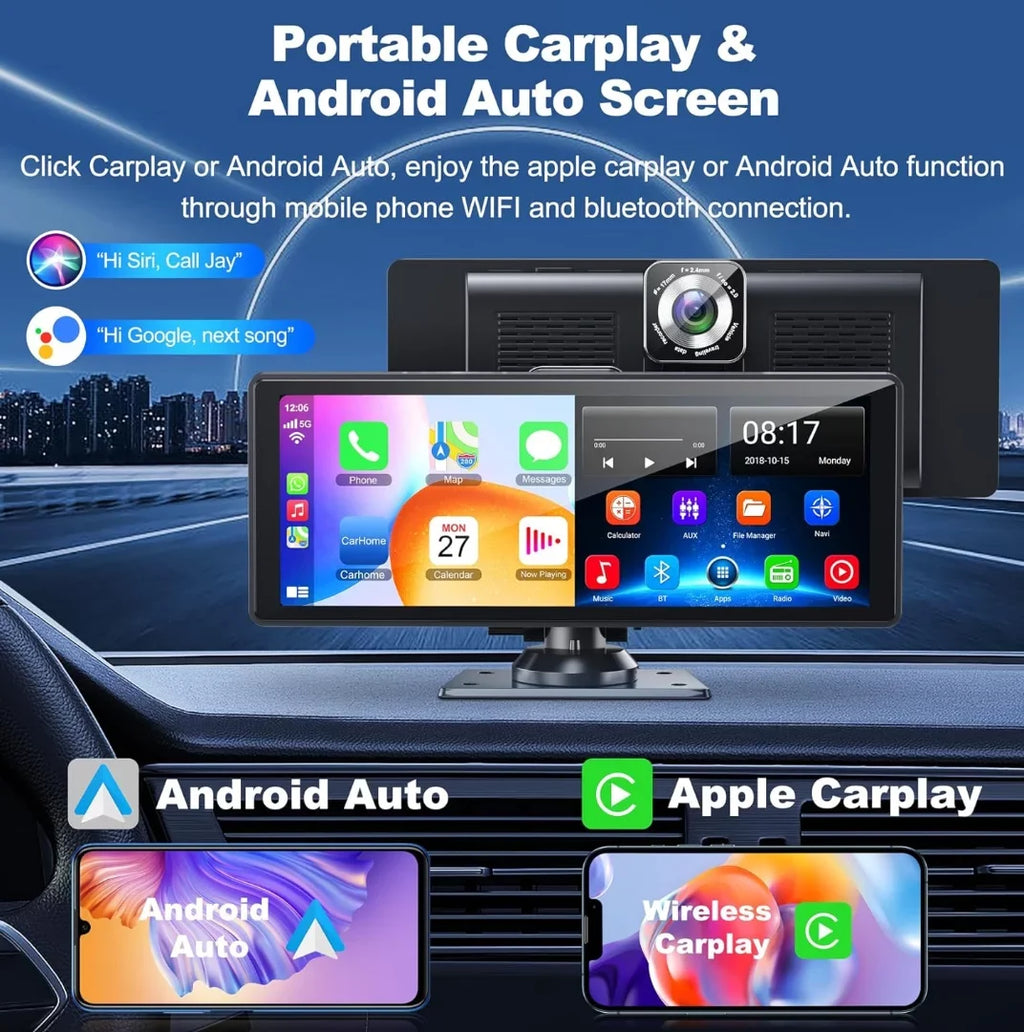 Inch Android Dashcam Carplay& 4K IPS with Back-up Portable Bluetooth/Siri/Google/GPS/Mirror-Link Touchscreen Wireless HD Auto Screen,10.26 and Support Car Camera