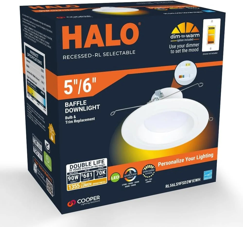 Retrofit Baffle & 900/1200 Shower CCT inch Selectable Trim, Downlight, Lumens Recessed and 5/6 Retrofit Matte to Warm, Selectable Light White Dim Lumens, Series HALO LED Ceiling RL