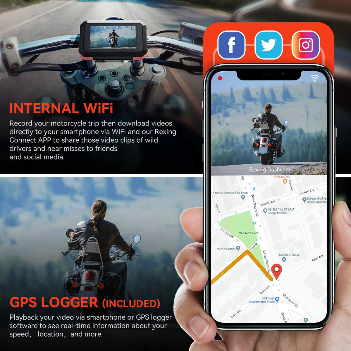 with Wi-Fi Cam Dash Rexing Motorcycle MTC1 Dual 1080P Channel GPS &