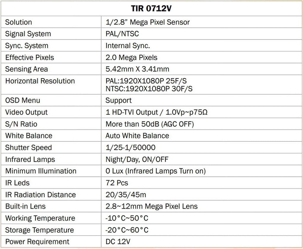 DC Bullet Camera, Outdoor 12V HD-TVI 72 IR 2.8-12mm, LED TIR-0712V 2MP Eyemax