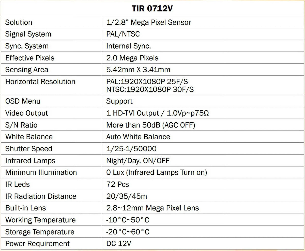 DC Bullet Camera, Outdoor 12V HD-TVI 72 IR 2.8-12mm, LED TIR-0712V 2MP Eyemax